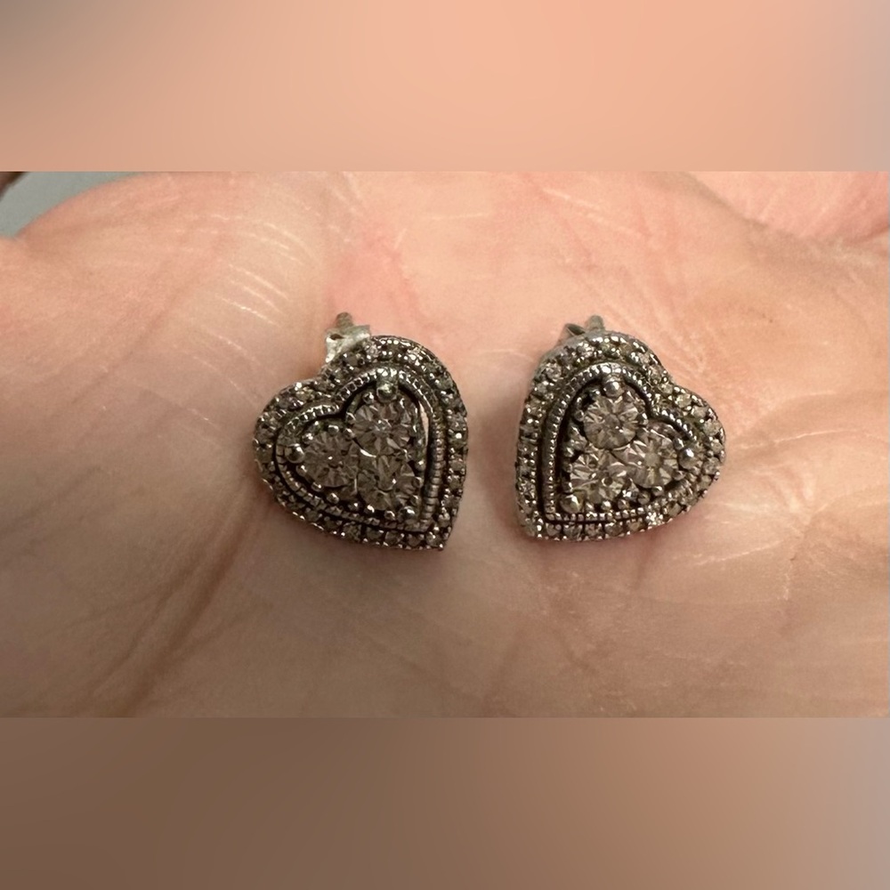 Diamond Heart Earrings 1/10 ct tw Sterling Silver 925 - Picture 2 of 4